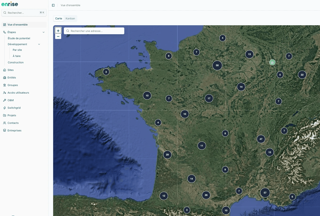 Plateforme de gestion de projet Enrise : carte des sites suivis